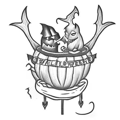 A blackwork tattoo of a witch's cauldron filled with Halloween-themed objects like bats, witches' hats, and pumpkins tattoo design idea