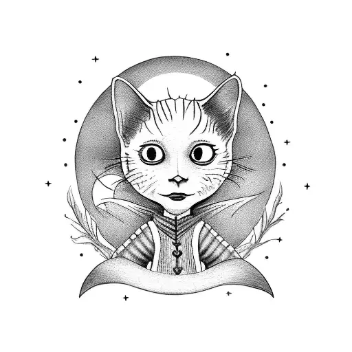 A blackwork tattoo of Coraline holding a black cat on a broomstick against a Halloween moon tattoo design idea