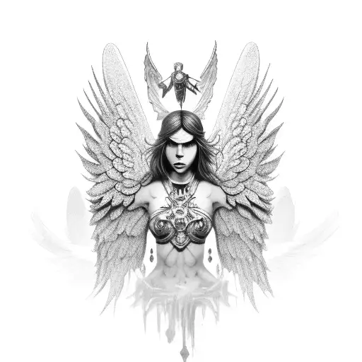 A fierce warrior with angelic wings engaged in a battle tattoo design idea