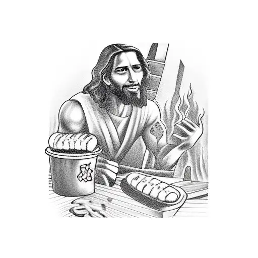A tattoo of Jesus Christ grilling burgers and hot dogs tattoo design idea