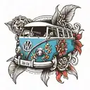 vw bus with praying hands on the side  tattoo design idea