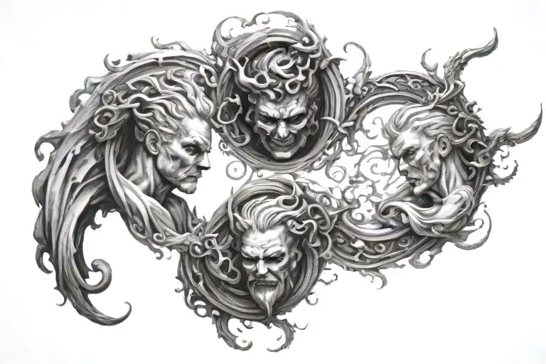 An image that depicts a powerful contrast between good and evil, using dramatic, swirling elements on both sides to repr tattoo design idea
