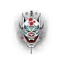 Hannya mask with Japanese flowers tattoo design idea