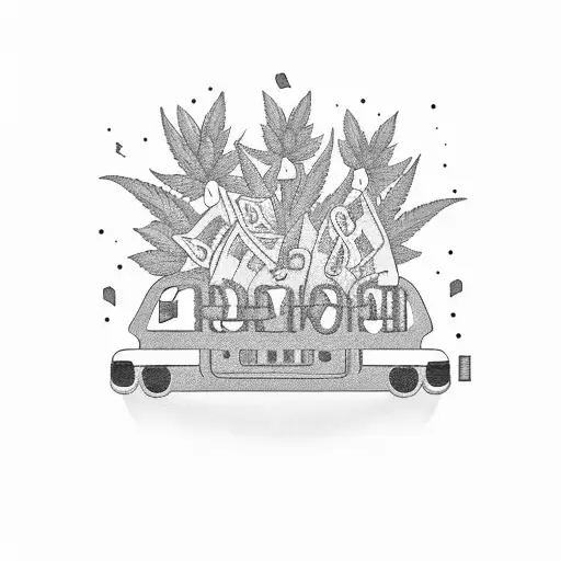 Group of friends with weed sitting on a long couch, surrounded by smoke forming the shape of money, cars, console tattoo design idea