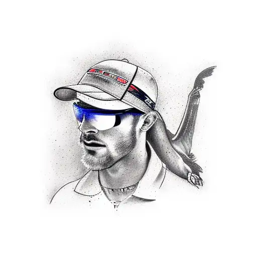 A realistic tattoo of a race car driver wearing a Cabella and Oakley gear, capturing the intensity of the sport tattoo design idea
