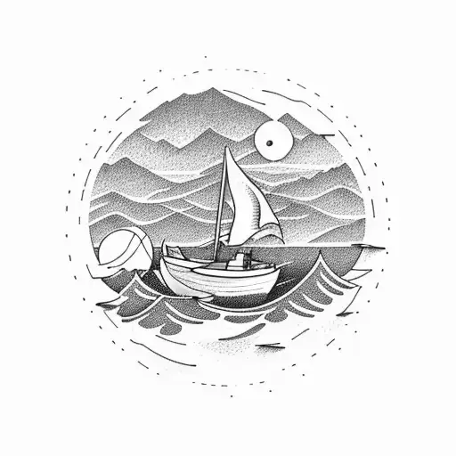 boat on the sea, with mountains on the wallpaper  tattoo design idea