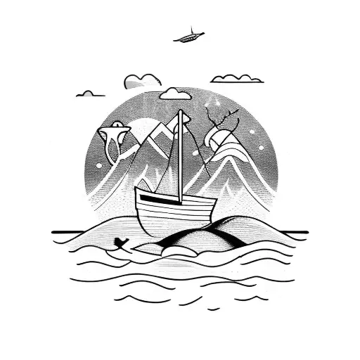 boat on the sea, with mountains on the wallpaper  tattoo design idea