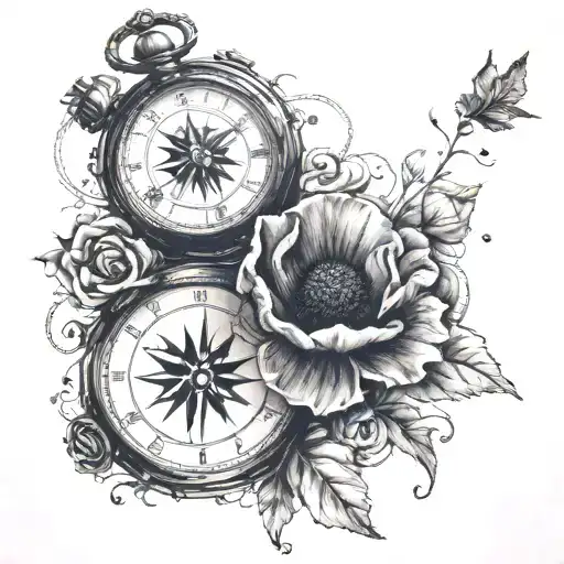 broken clock and compass and poppy's  tattoo design idea