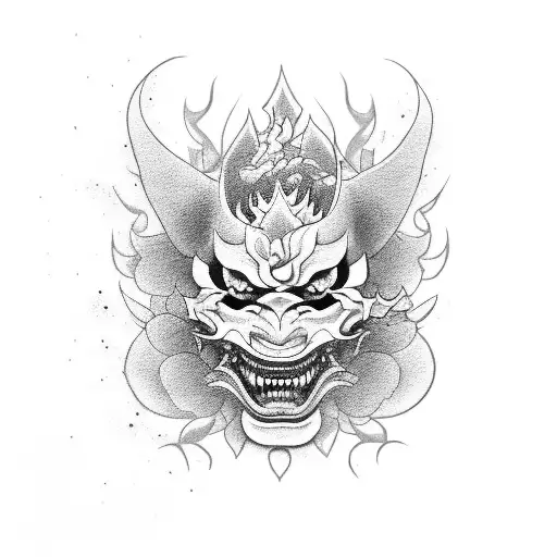 A broken Hannya mask seperated by flowers tattoo design idea