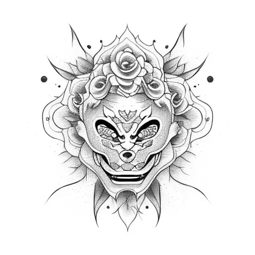 Broken Hannya mask with flowers in the middle tattoo design idea