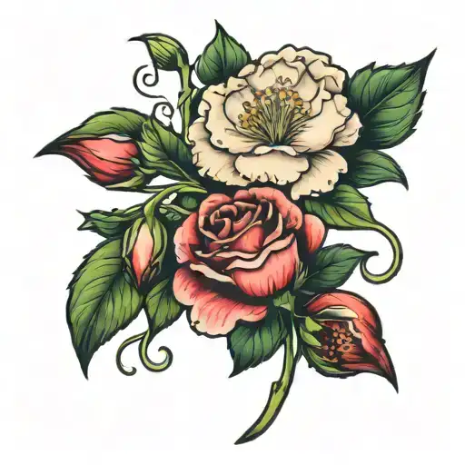 carnation flower, rose and snowdrop flower tattoo design idea