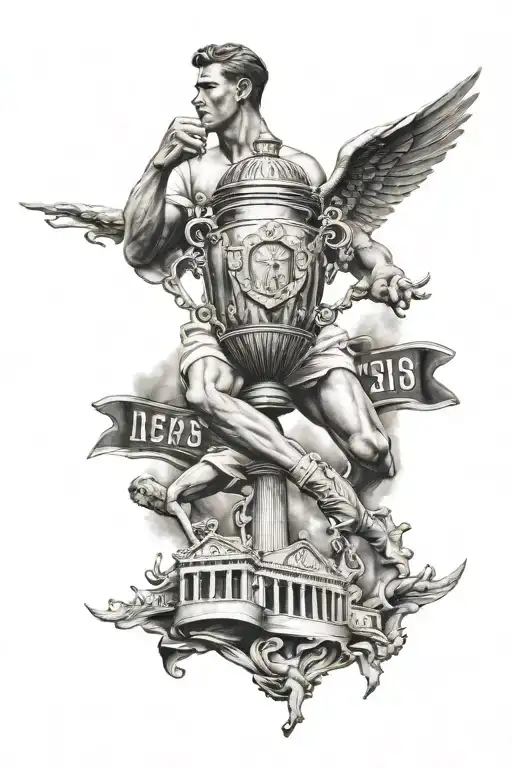 A detailed black-grey tattoo design incorporating elements of Manchester United, Old Trafford, the Springbok rugby team lifting the world cup trophy, and the Greek god Hermes, in an architectural style covering from midway from bicep down to midway down to forearm tattoo design idea