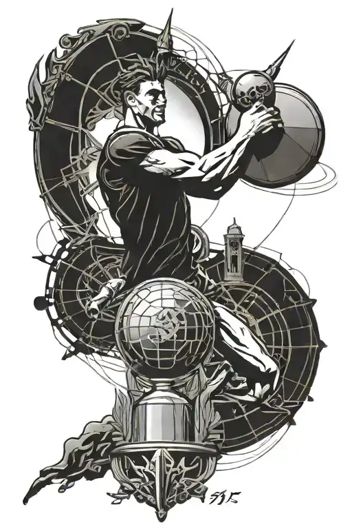 A detailed black-grey tattoo design incorporating elements of Manchester United, Old Trafford, the Springbok rugby team lifting the world cup trophy, and the Greek god Hermes, in an architectural style covering from midway from bicep down to midway down to forearm tattoo design idea