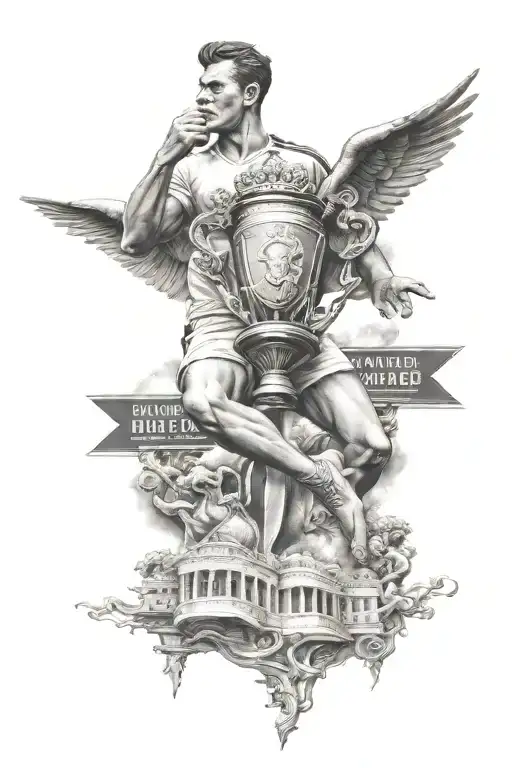 A detailed black-grey tattoo design incorporating elements of Manchester United, Old Trafford, the Springbok rugby team lifting the world cup trophy, and the Greek god Hermes, in an architectural style covering from midway from bicep down to midway down to forearm tattoo design idea