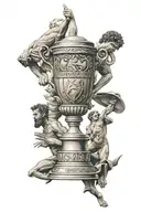 A detailed black-grey tattoo design incorporating elements of Manchester United, Old Trafford, the Springbok rugby team lifting the world cup trophy, and the Greek god Hermes, in an architectural style covering from midway from bicep down to midway down to forearm tattoo design idea