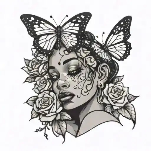 a black girl crying with a clock and roses and butterflies tattoo design idea