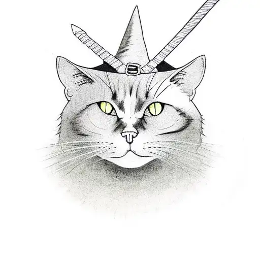 black cat with witch hat riding on a broom tattoo design idea