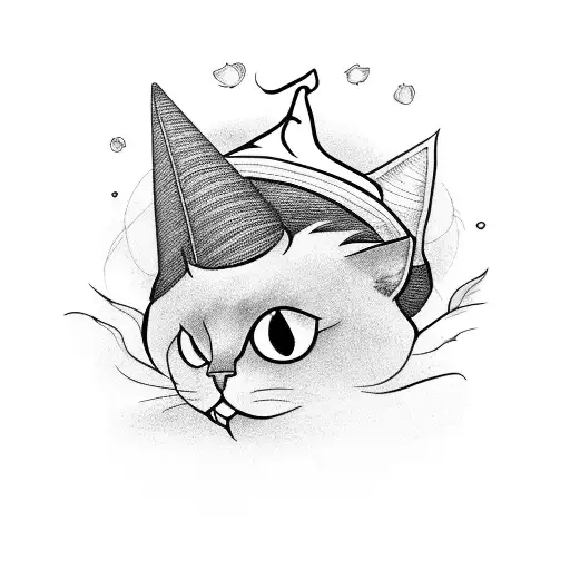 black cat with witch hat riding on a broom tattoo design idea