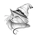 black cat with witch hat riding on a broom tattoo design idea