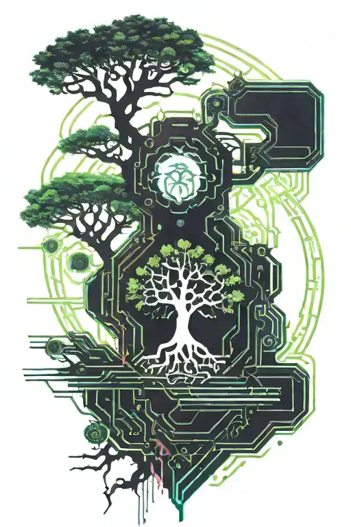 cyberpunk yggdrasil tree tattoo design idea