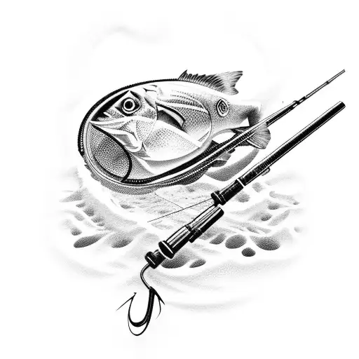 A detailed fishing rod with a silhouette of a Volkswagen Golf in the background tattoo design idea
