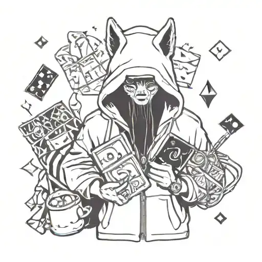 A wolf in a hoodie holding a bag of money, surrounded by symbols of the student's favorite things tattoo design idea