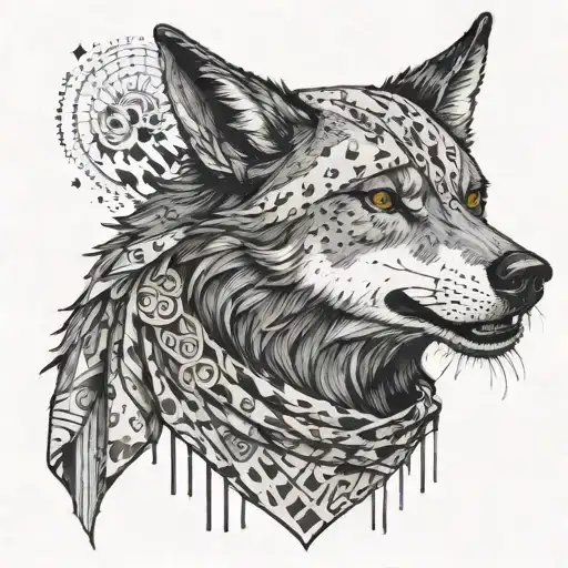 A wolf with a bandana around its neck, standing in a gritty urban alleyway filled with money and criminal graffiti tattoo design idea