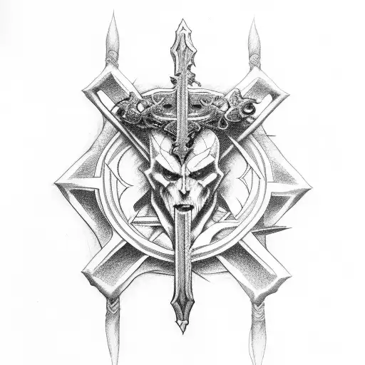 broken cross sword with demons and angels tattoo design idea
