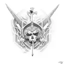 broken cross sword with demons and angels tattoo design idea