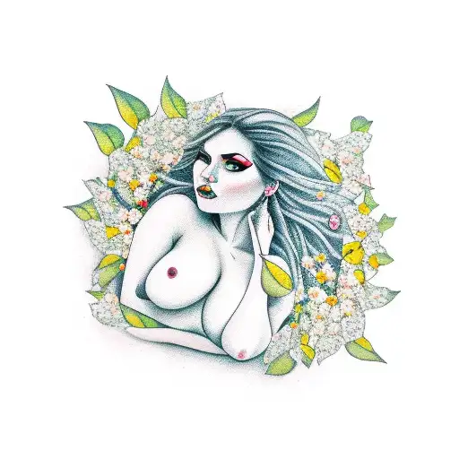 curvy girl surrounded by fallen blossom tattoo design idea