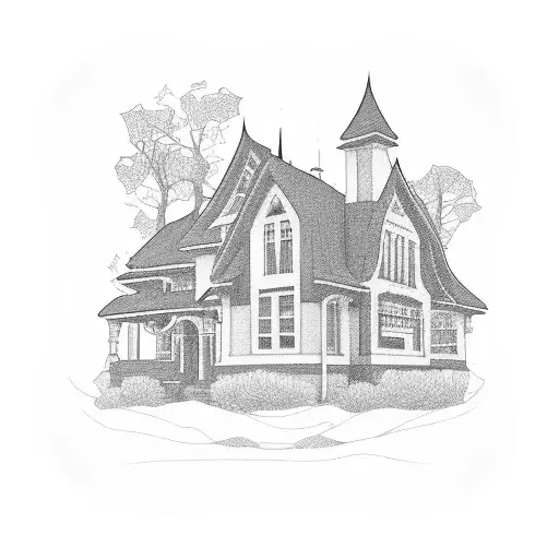 Fine line craftsman house roofline inside a square outline tattoo design idea