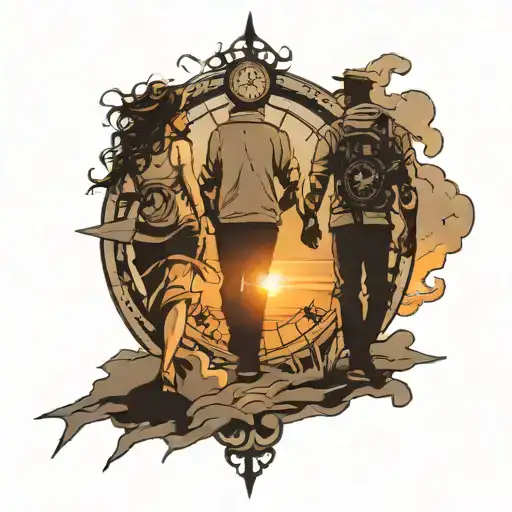 siloutte of father with two daughters walking toward sunset with clock and compass tattoo design idea
