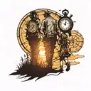 siloutte of father with two daughters walking toward sunset with clock and compass tattoo design idea