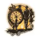 siloutte of father with two daughters walking toward sunset with clock and compass tattoo design idea