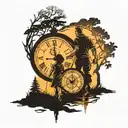 siloutte of father with two daughters walking toward sunset with clock and compass tattoo design idea
