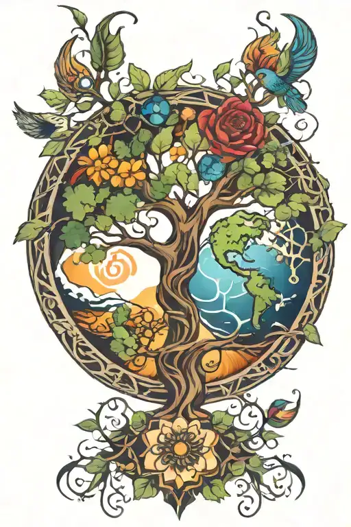 tree of life & planet earth elements forming tattoo design idea