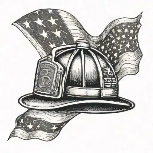 A firefighter's helmet with the American flag waving in the background in a dotwork style tattoo design idea