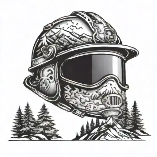 A firefighting helmet with a mountain landscape reflecting in the visor tattoo design idea