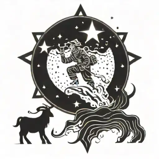 A striking blackwork tattoo of a celestial scene with a goat constellation shining brightly above a firefighter battling flames, symbolizing the interconnectedness of the heavens and earthly heroism tattoo design idea