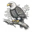An eagle with a firefighter's helmet perched on a tree branch in a dotwork style tattoo design idea