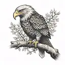 An eagle with a firefighter's helmet perched on a tree branch in a dotwork style tattoo design idea
