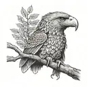 An eagle with a firefighter's helmet perched on a tree branch in a dotwork style tattoo design idea