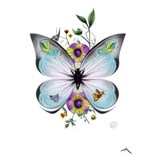 black cat with butterflys and flowers tattoo design idea