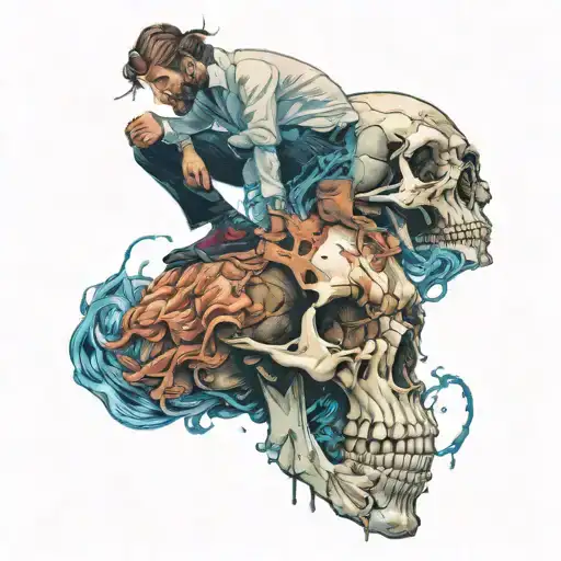 a handsome man stepping on a skull tattoo design idea