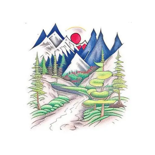 A scene in the mountains with a forest with a winding pathway leading towards the trinity tattoo design idea
