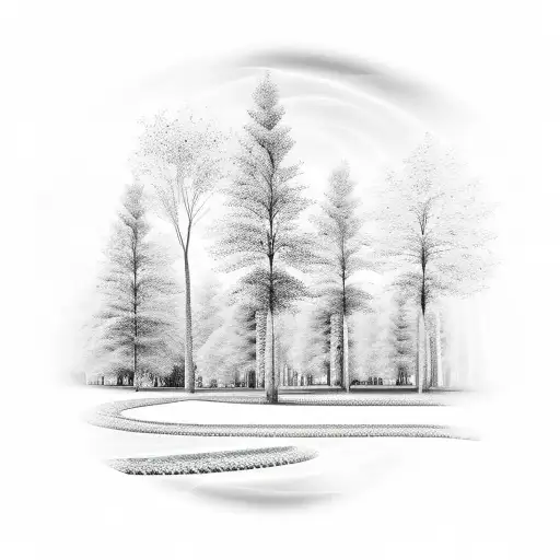A serene forest scene with a winding pathway leading towards a glowing cross tattoo design idea