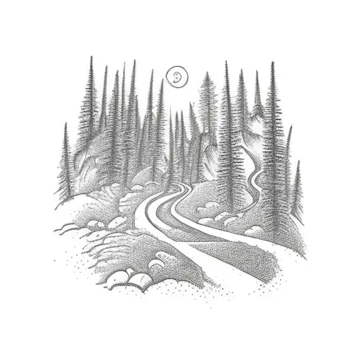 A scene in the mountains with a forest with a winding pathway leading towards the cross tattoo design idea