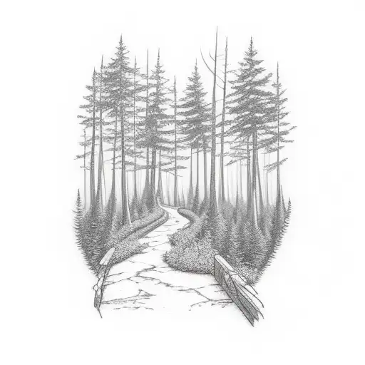 A serene forest scene with a winding pathway leading towards a glowing cross tattoo design idea