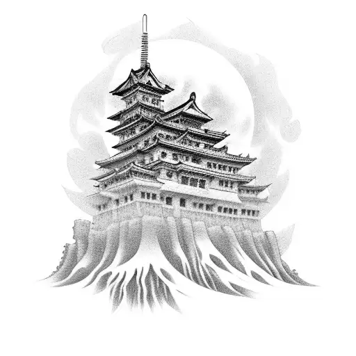 A black and grey tattoo of a haunted Japanese castle with an octopus lurking in the shadows tattoo design idea
