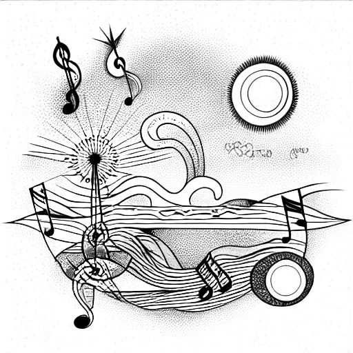Sunset over the ocean with musical notes tattoo design idea